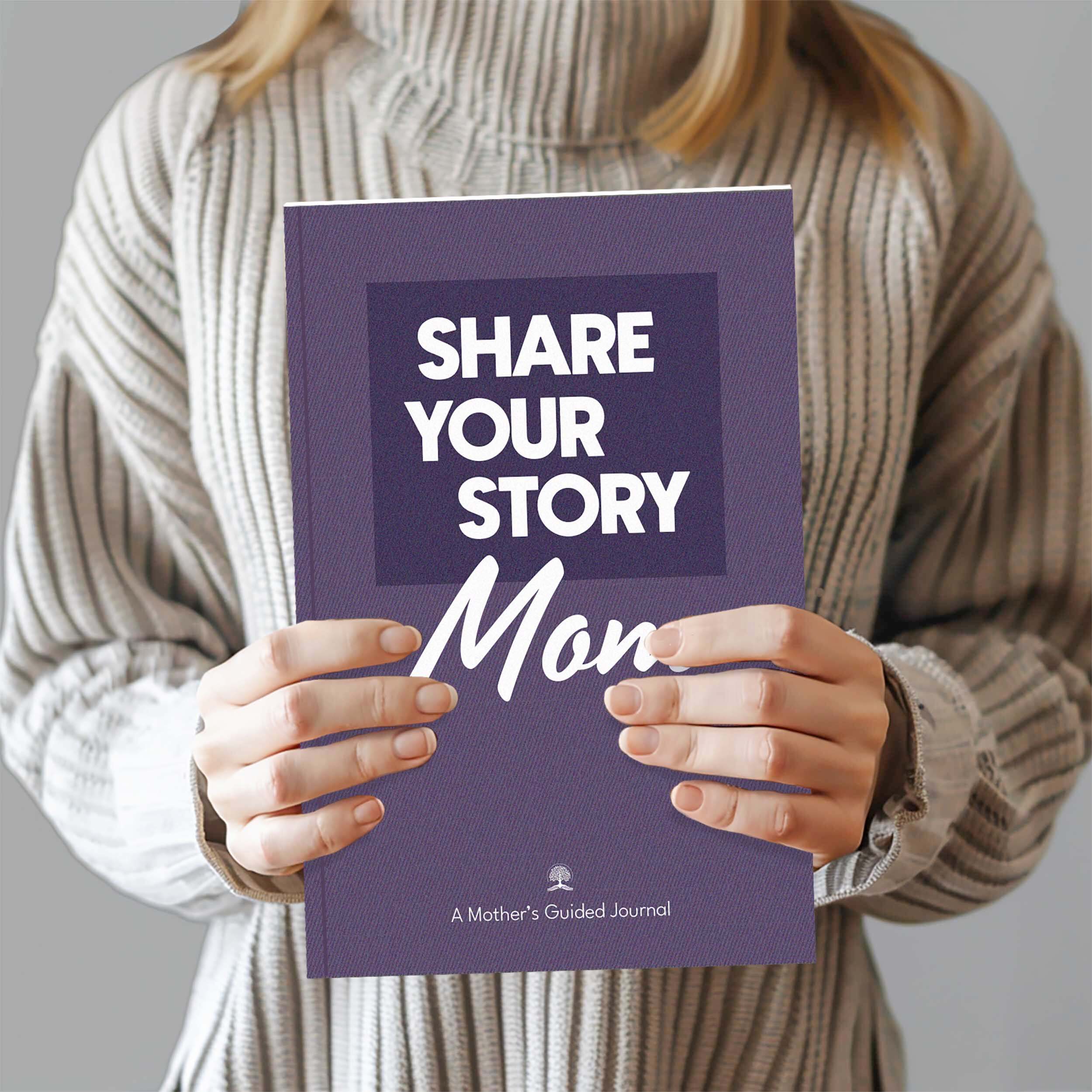 Mom guided journal titled 'Share Your Story' held by a woman, perfect for celebrating mothers.