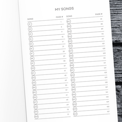 Song writing journal index of created songs for music lovers