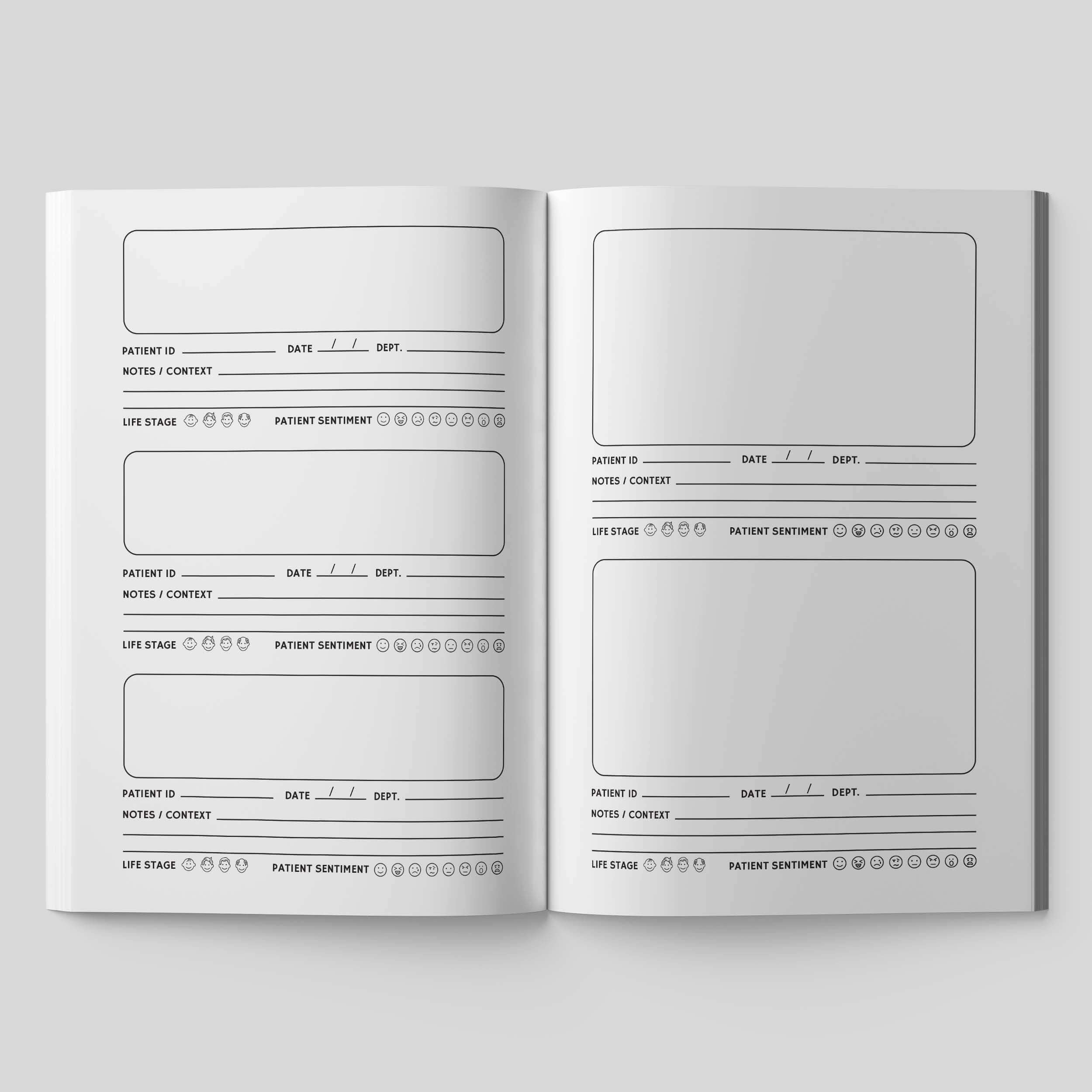 Open pages of the Things My Patients Said Journal, featuring sections for patient details, notes, and sentiments.