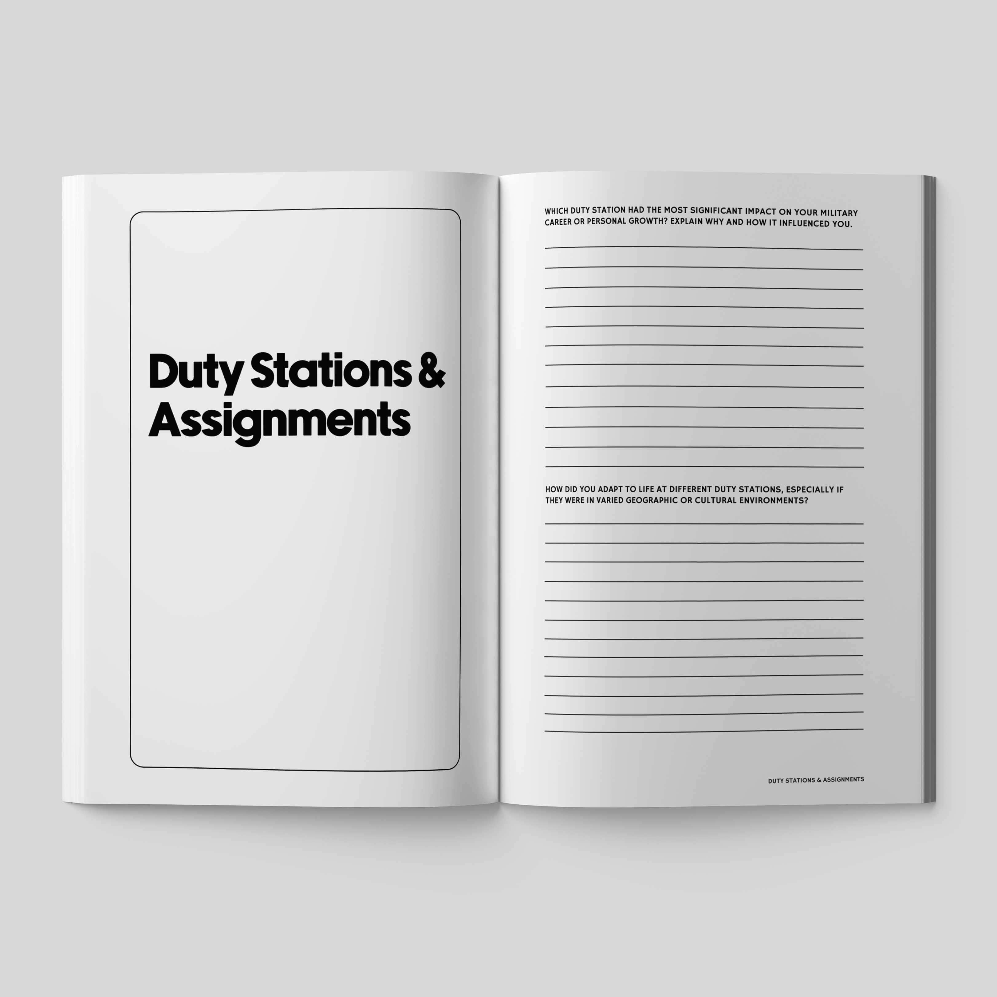 Open journal page titled 'Duty Stations & Assignments' with writing prompts for veterans.