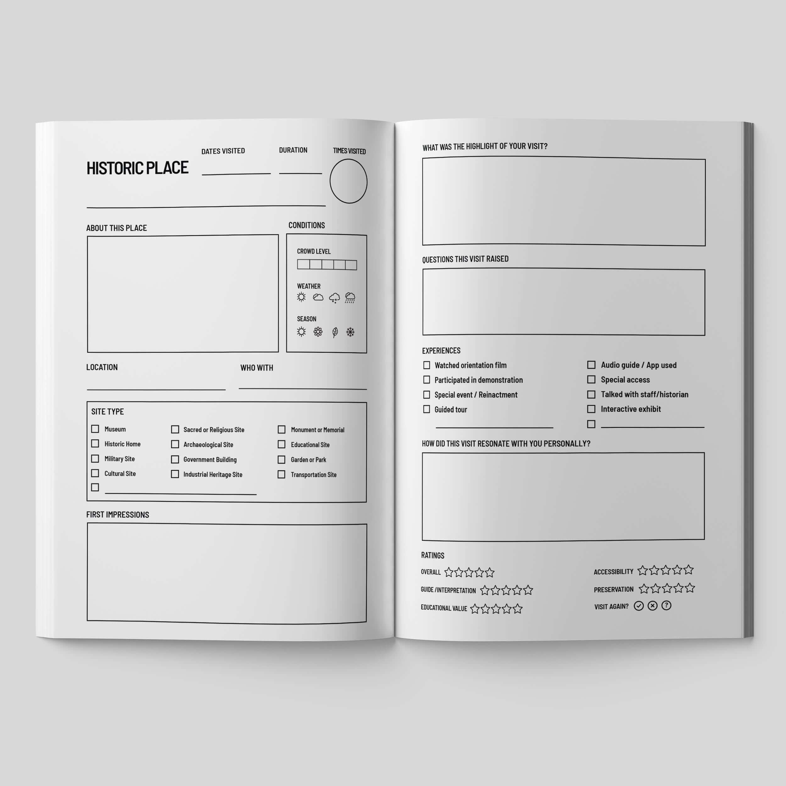 Interior view of a historic site logbook featuring visit details and personal reflection prompts.