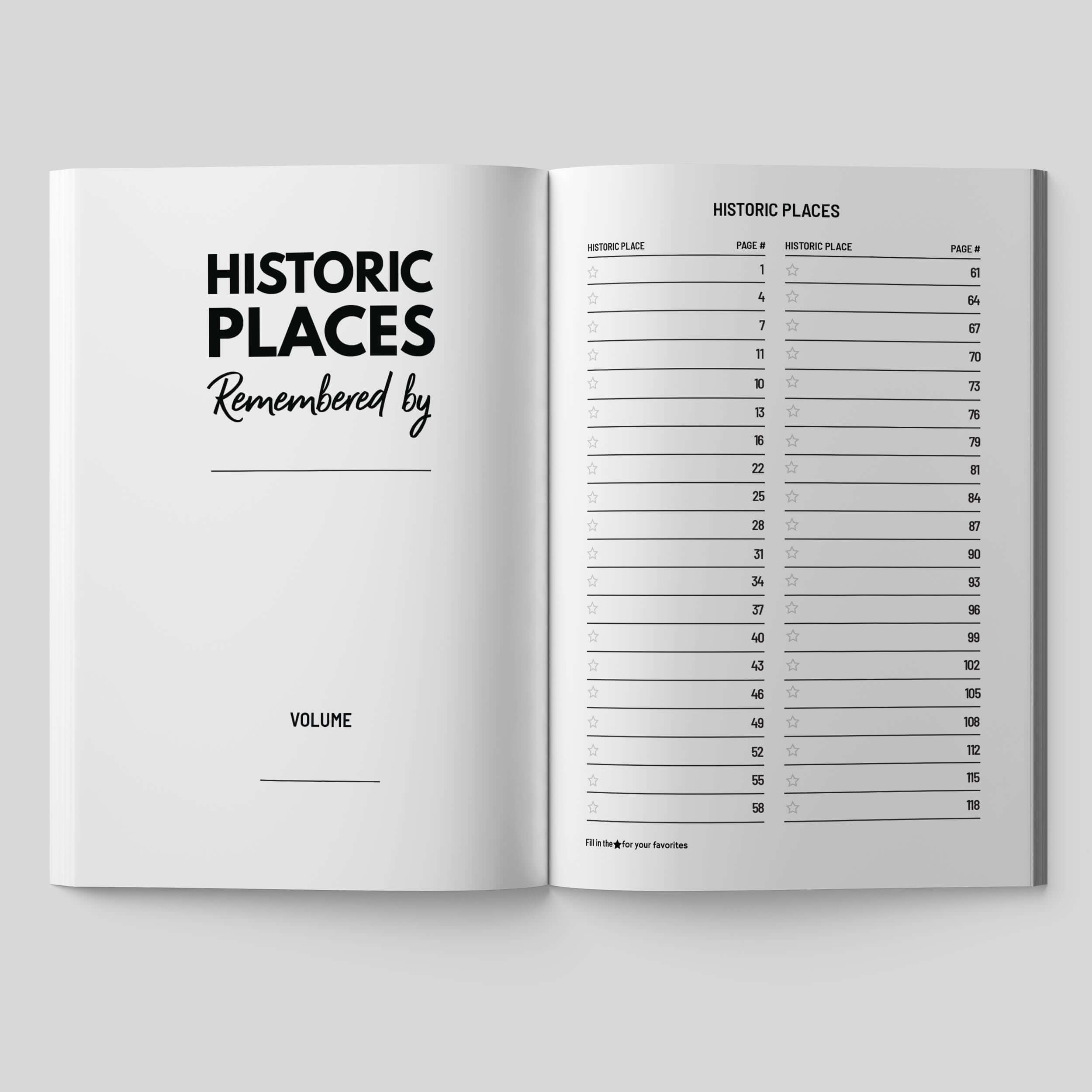 Interior view of the Historic Places Remembered logbook, featuring a list of historical sites and a blank title page.