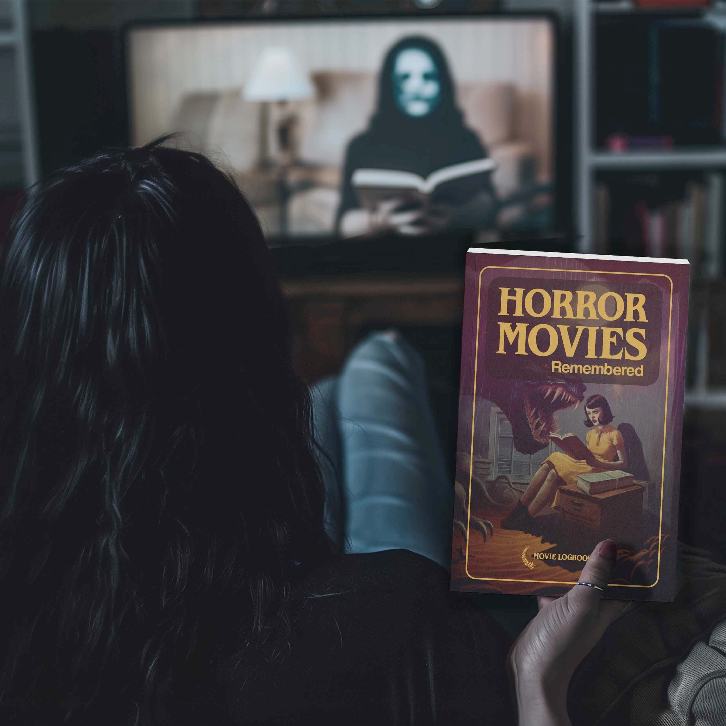 Person watching a horror movie while holding the Horror Movies Remembered logbook.