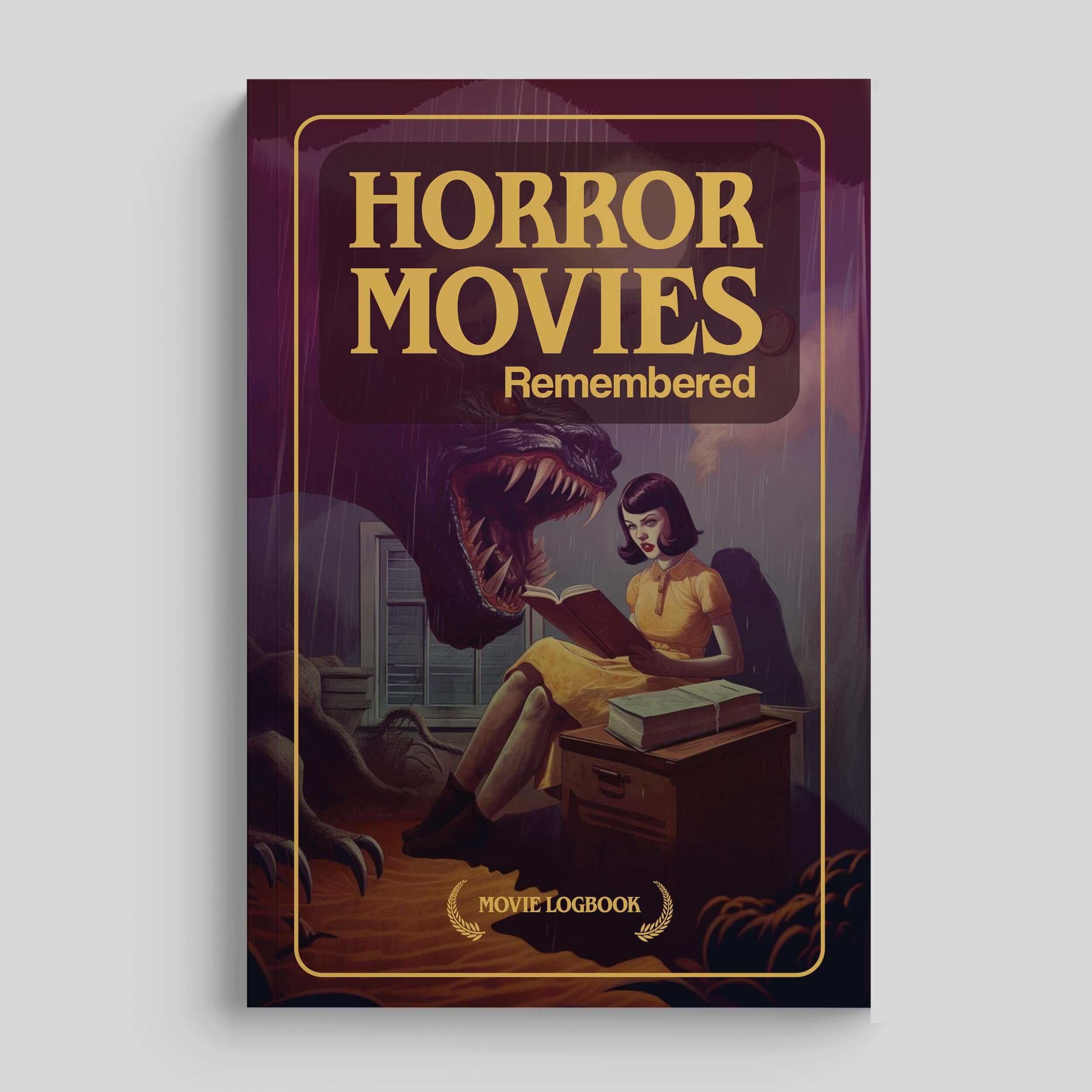 Cover of 'Horror Movies Remembered' journal featuring a woman reading with a dinosaur behind her.