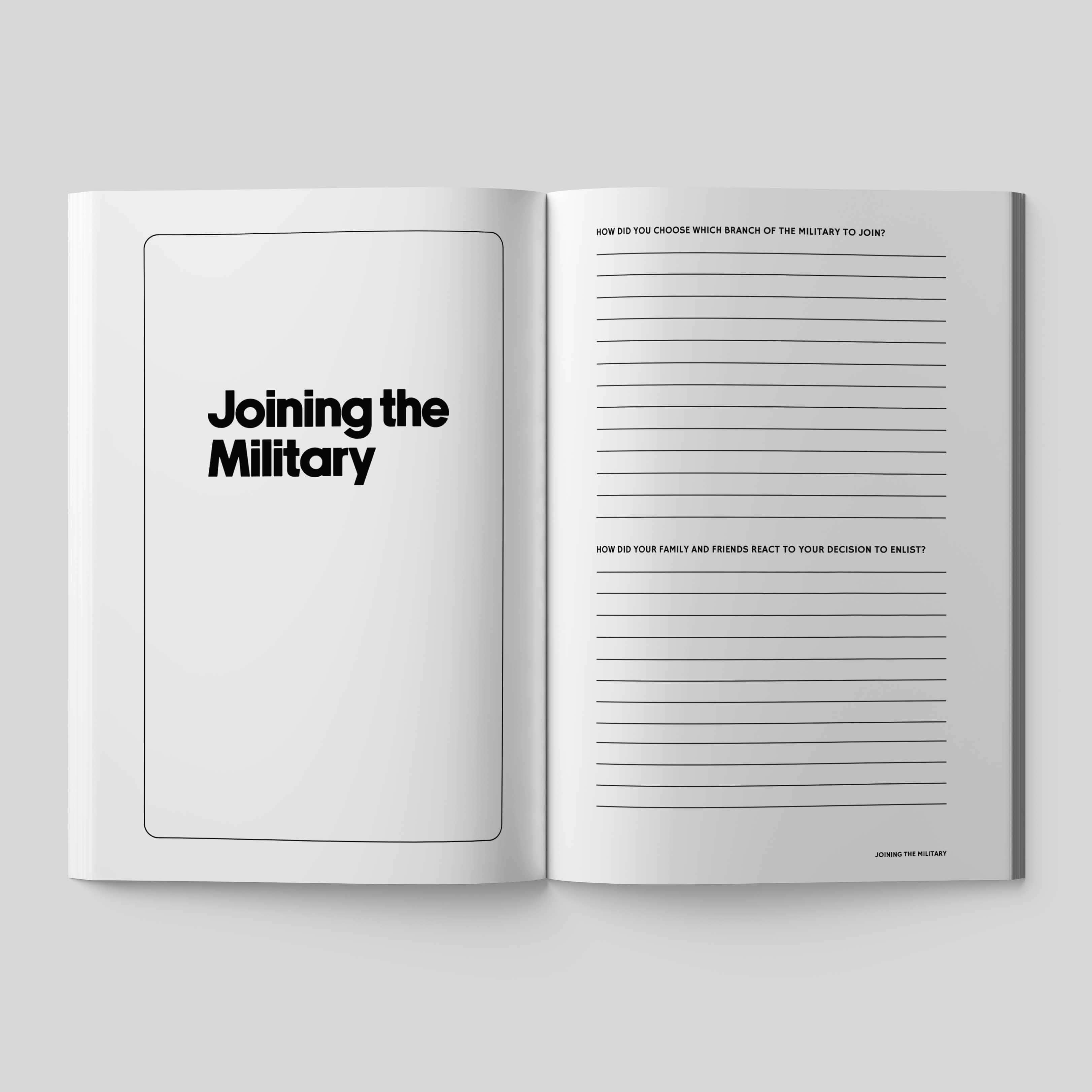 Open guided journal page titled 'Joining the Military' with lined sections for veterans' reflections.