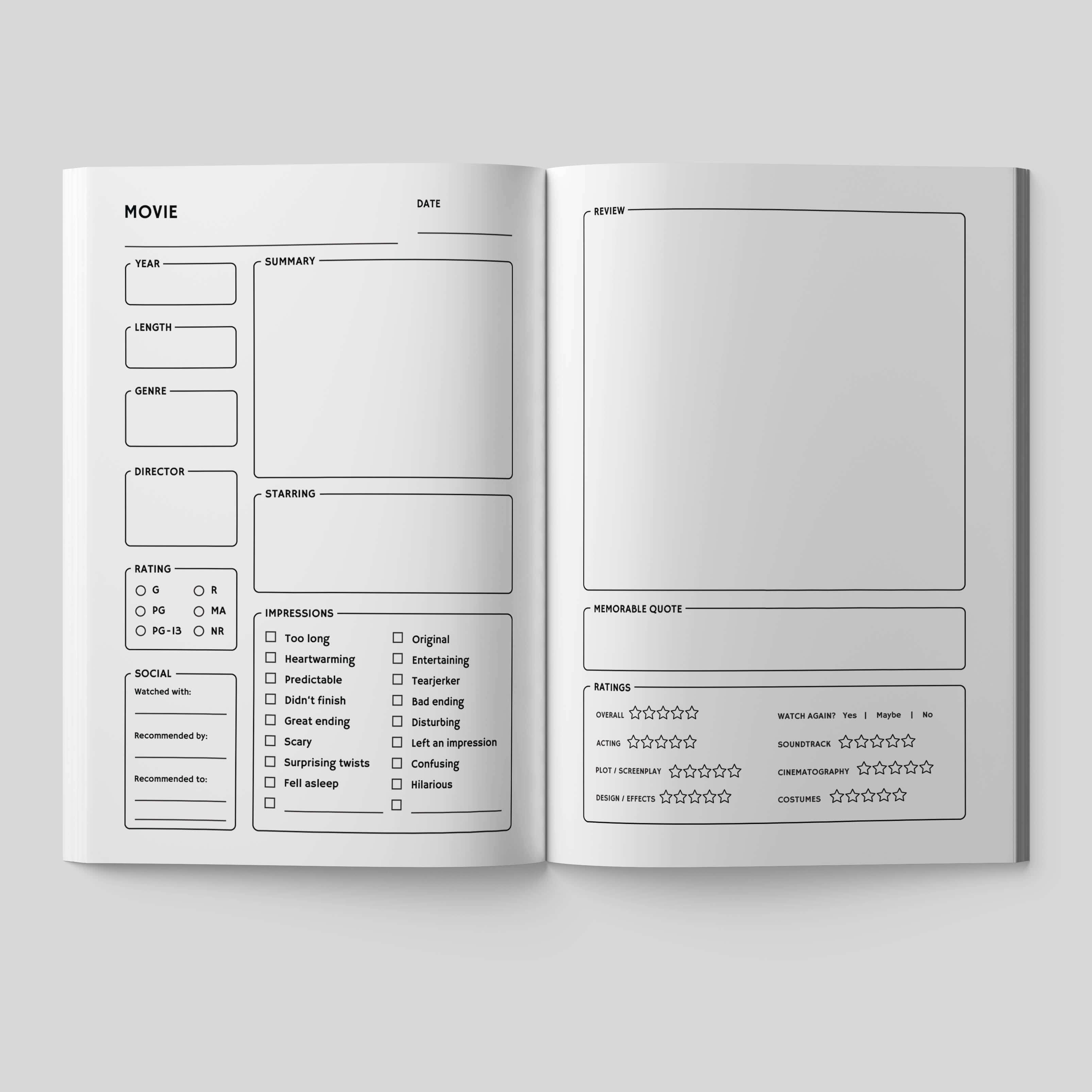 Open movie logbook pages for documenting film details, reviews, and memorable quotes.