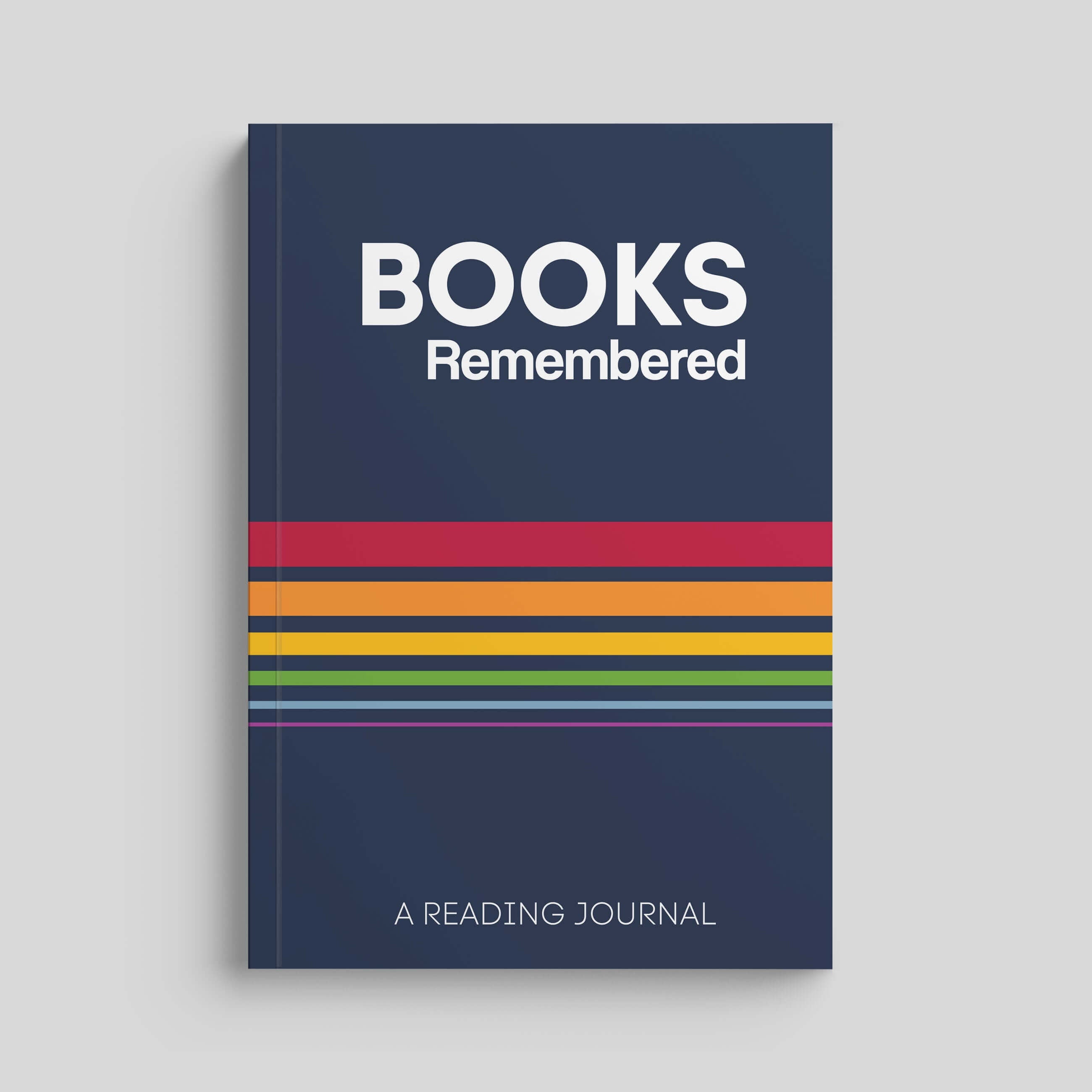 Books Remembered reading journal with colorful stripes on a navy cover, perfect for tracking reading experiences.