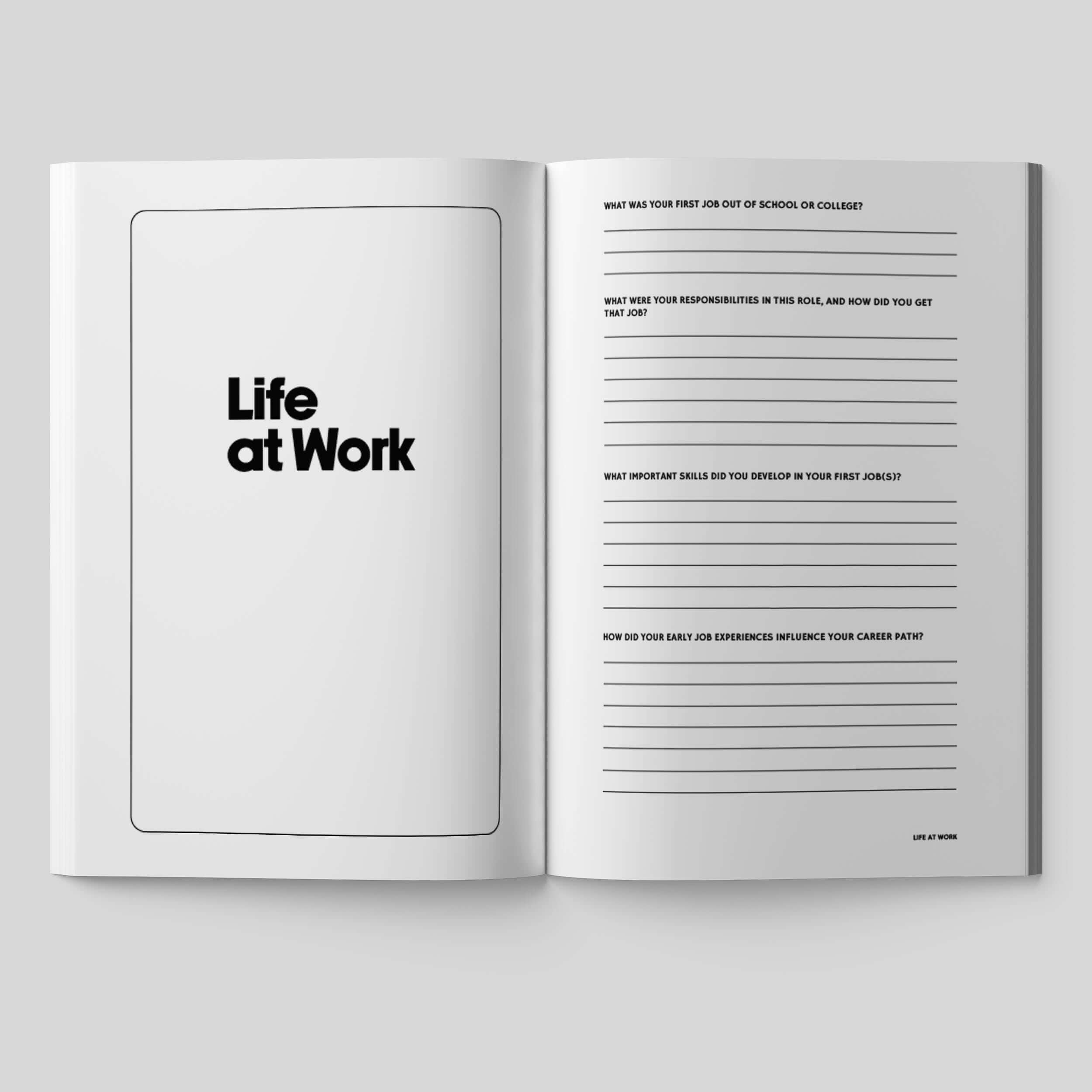 Open guided journal page titled 'Life at Work' with writing prompts about career experiences.