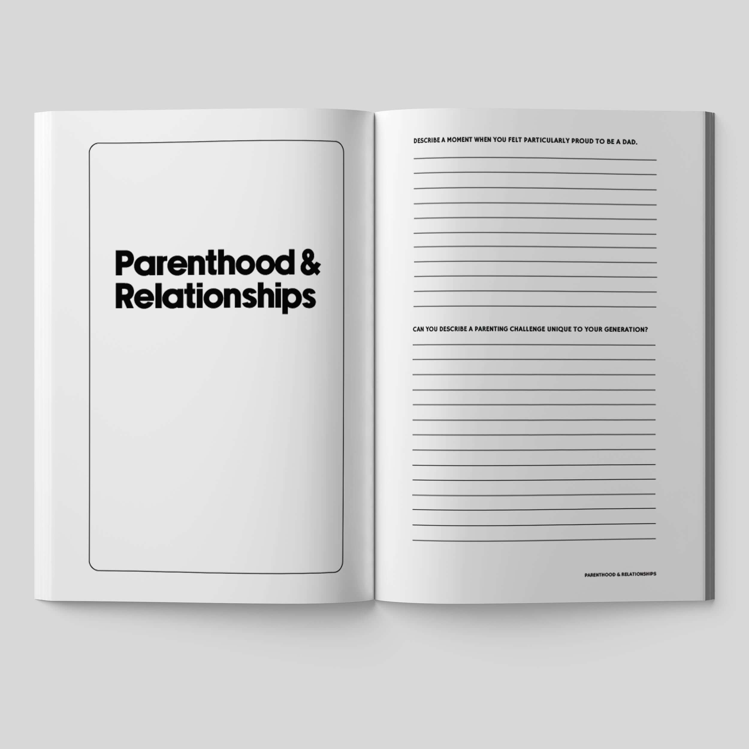 Open guided journal page on parenthood and relationships with writing prompts for fathers.