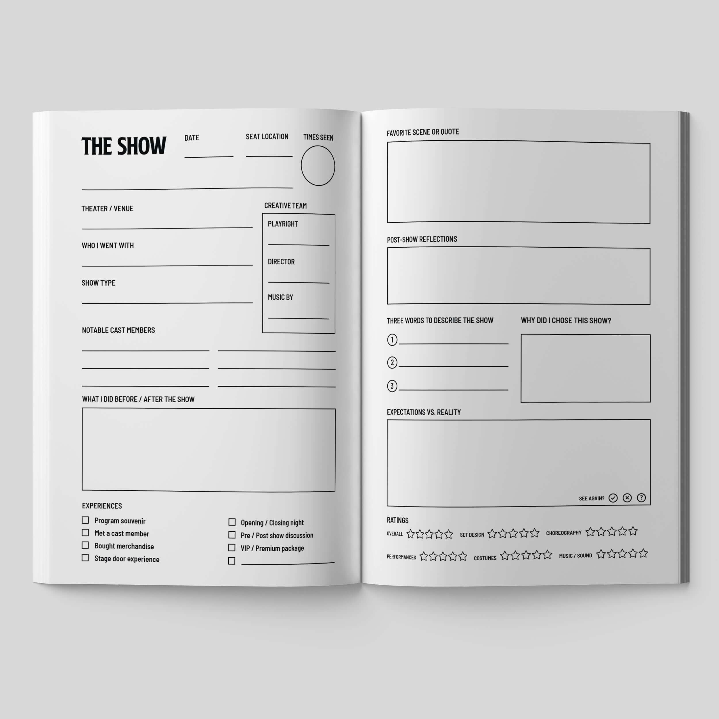 Two open pages of a guided journal for recording theatre experiences and reflections.