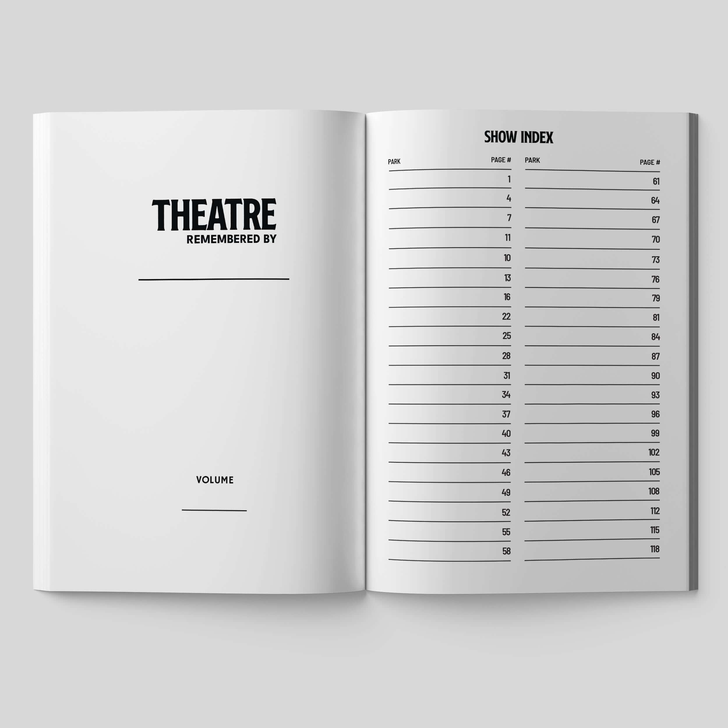 Open guided journal titled 'Theatre Remembered' with a show index for documenting theatre experiences.