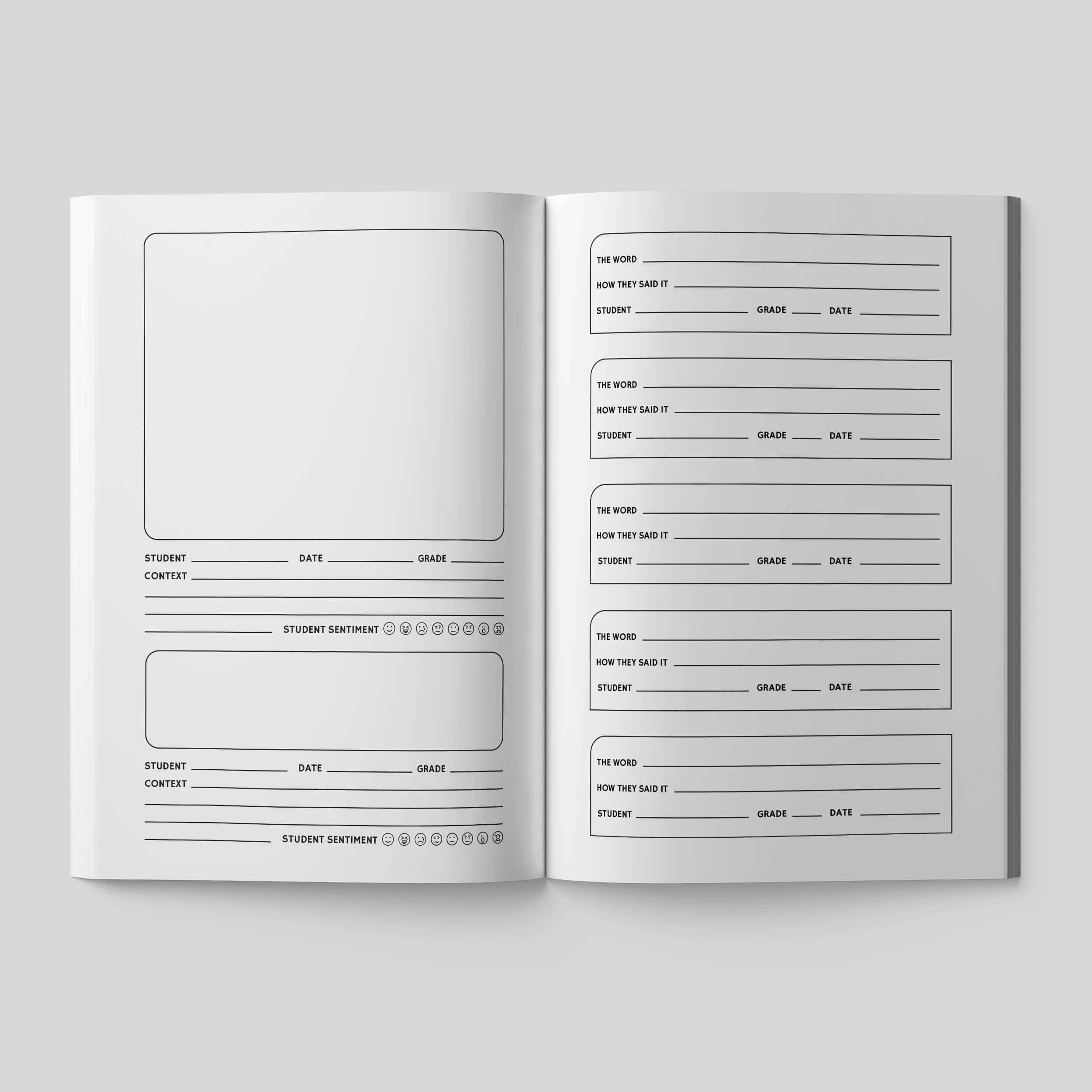 Open quote journal for teachers, featuring blank sections for student quotes, date, context, and grades.