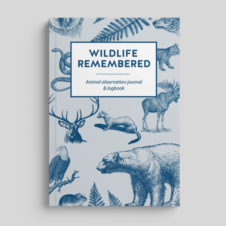 Wildlife Remembered journal cover featuring various animal illustrations and the title, perfect for wildlife observations.