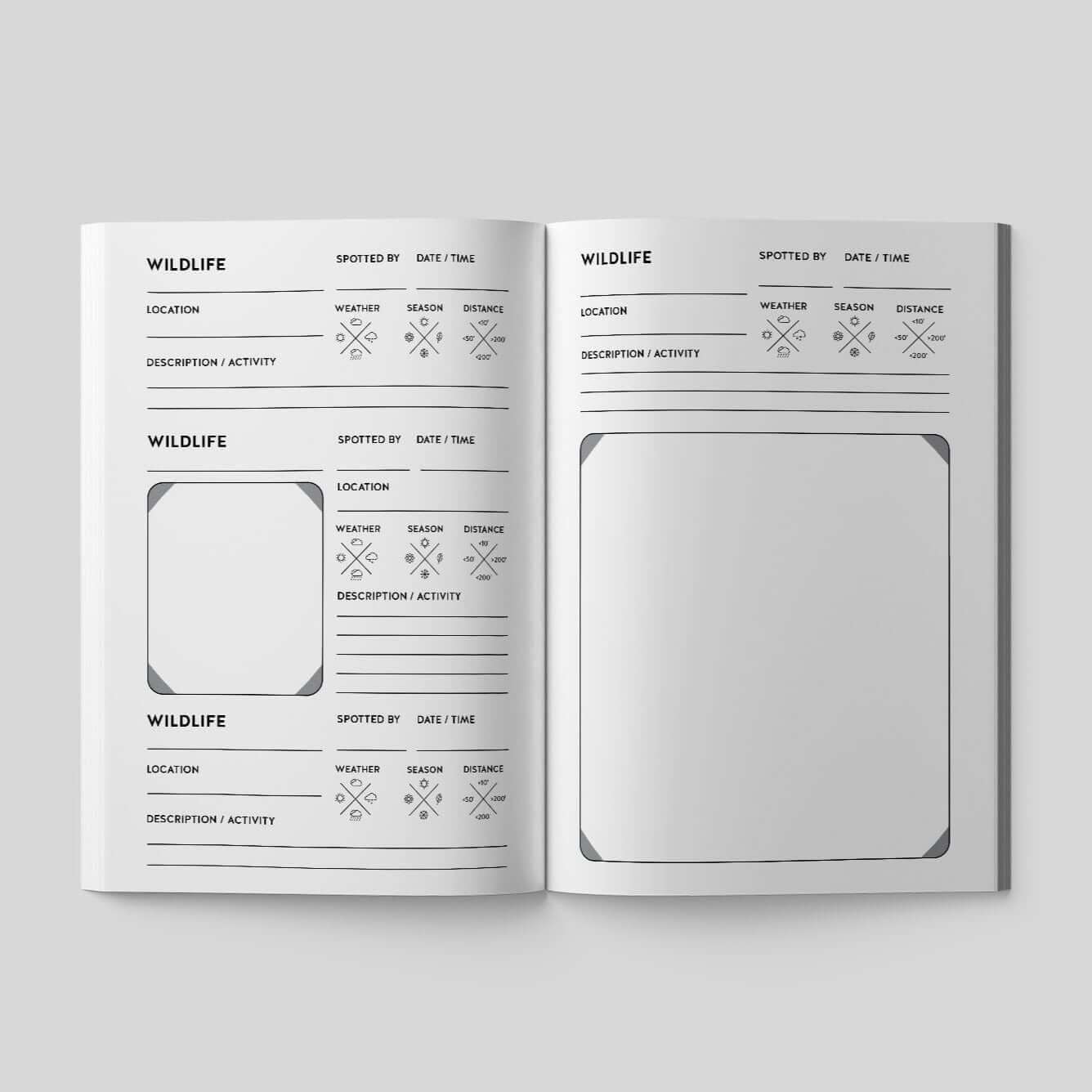 Open pages of a Wildlife Observation Journal featuring tracking and logging sections for animal encounters.